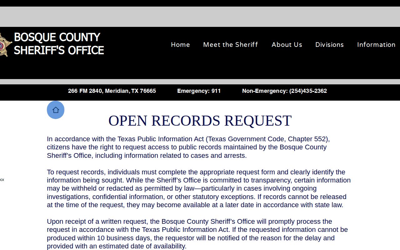 Bosque County 72-hour release records request page