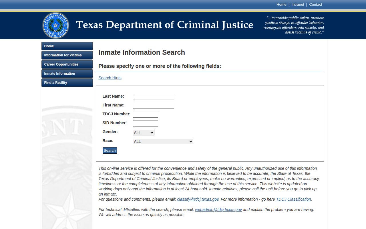 TDCJ search form for Bosque County released inmate records