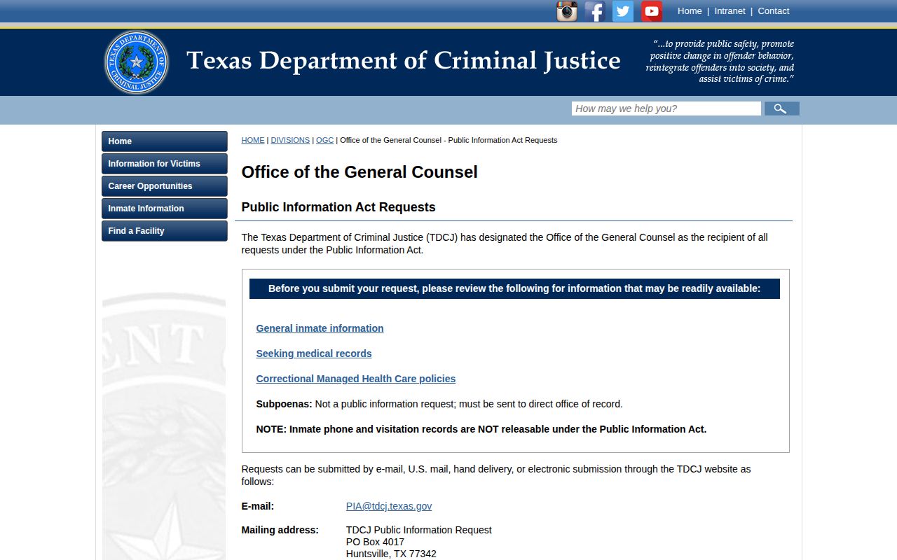 TDCJ open records request page for state inmate records and photographs