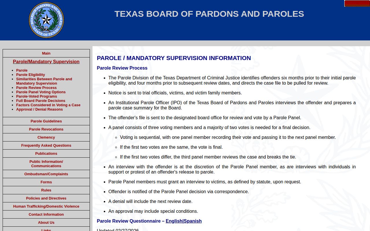 Bosque County parole review process records from TDCJ