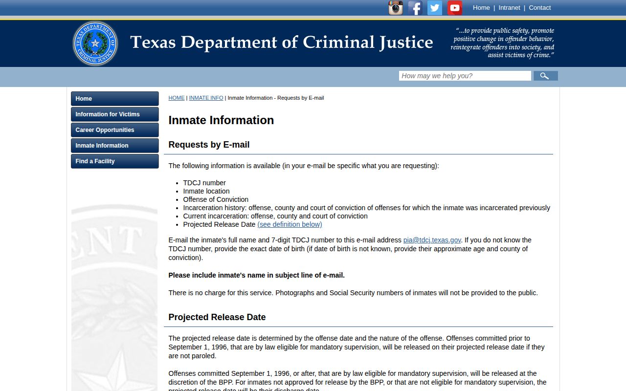 TDCJ email inmate information page explaining projected release dates