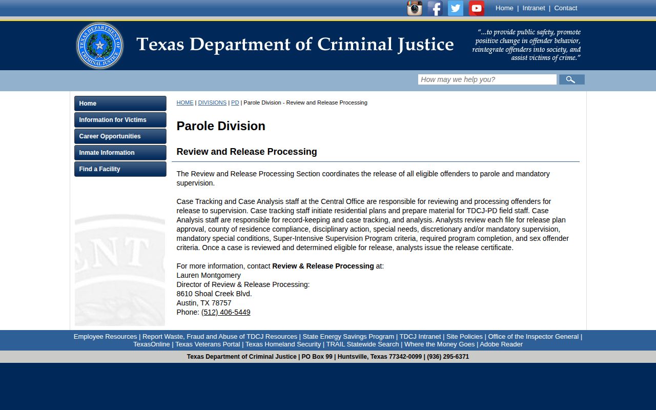 TDCJ Review and Release Processing information about release certificates