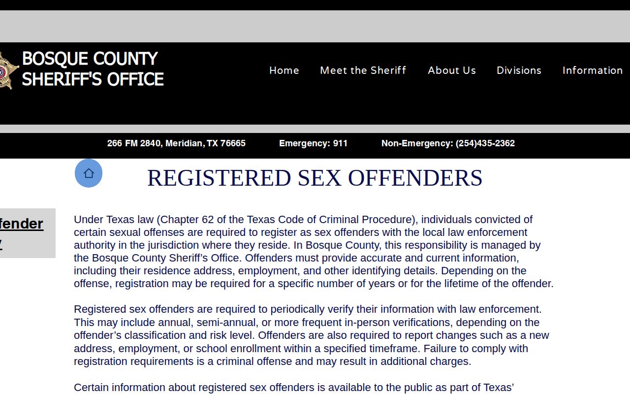 Bosque County Sheriff registered offender page linking to an official photo registry