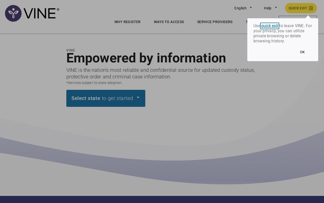 VINELink entry screen for selecting Texas and beginning a person search